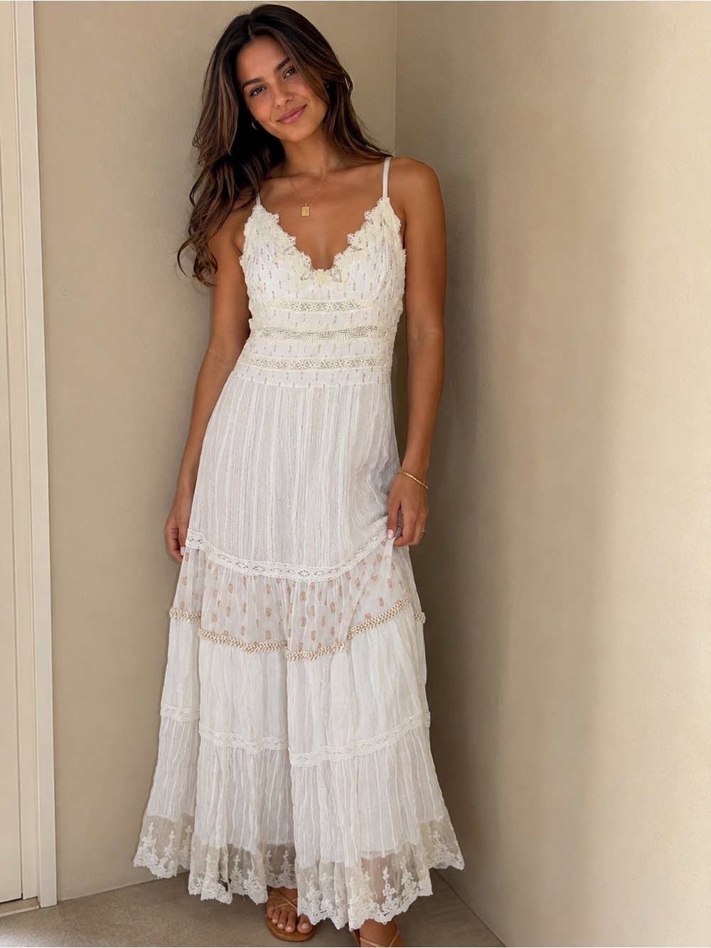 Z&L White Lace Tiered Maxi Dress with adjustable Spaghetti Straps